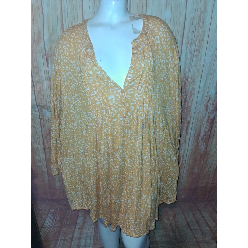 Simply Emma Yellow Leopard Print Long Sleeve V-neck Tunic Blouse Sz 2X